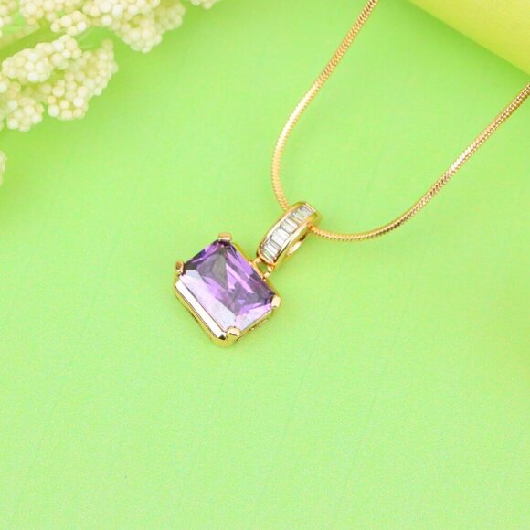 "Elegant Purple Emerald Cut Pendant with Gold Plated Baguette Bail, XPPT1779 - Picture 2 of 13